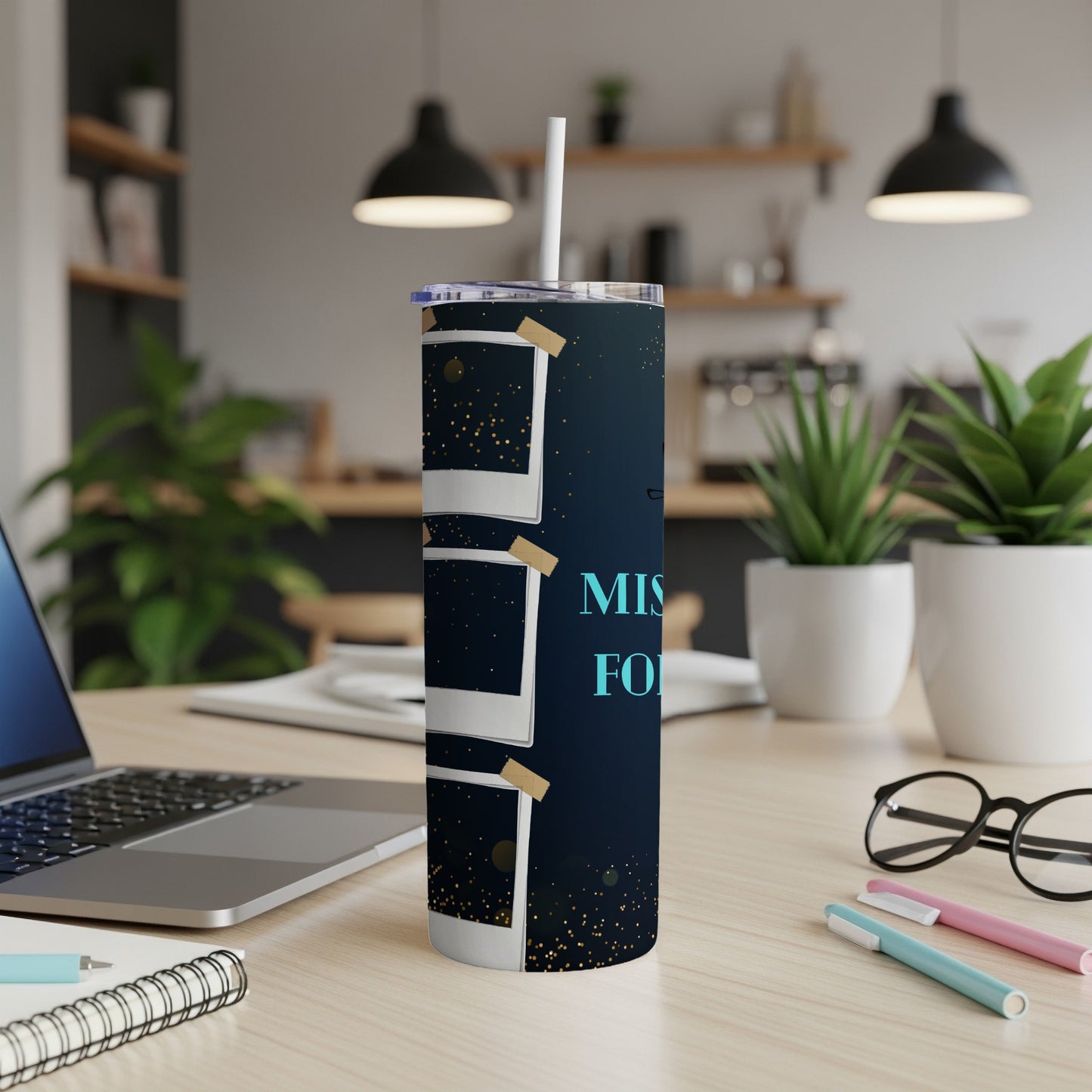 Dark blue tumbler with polaroid photos and gold glitter, reads "MISS YOU FOR".