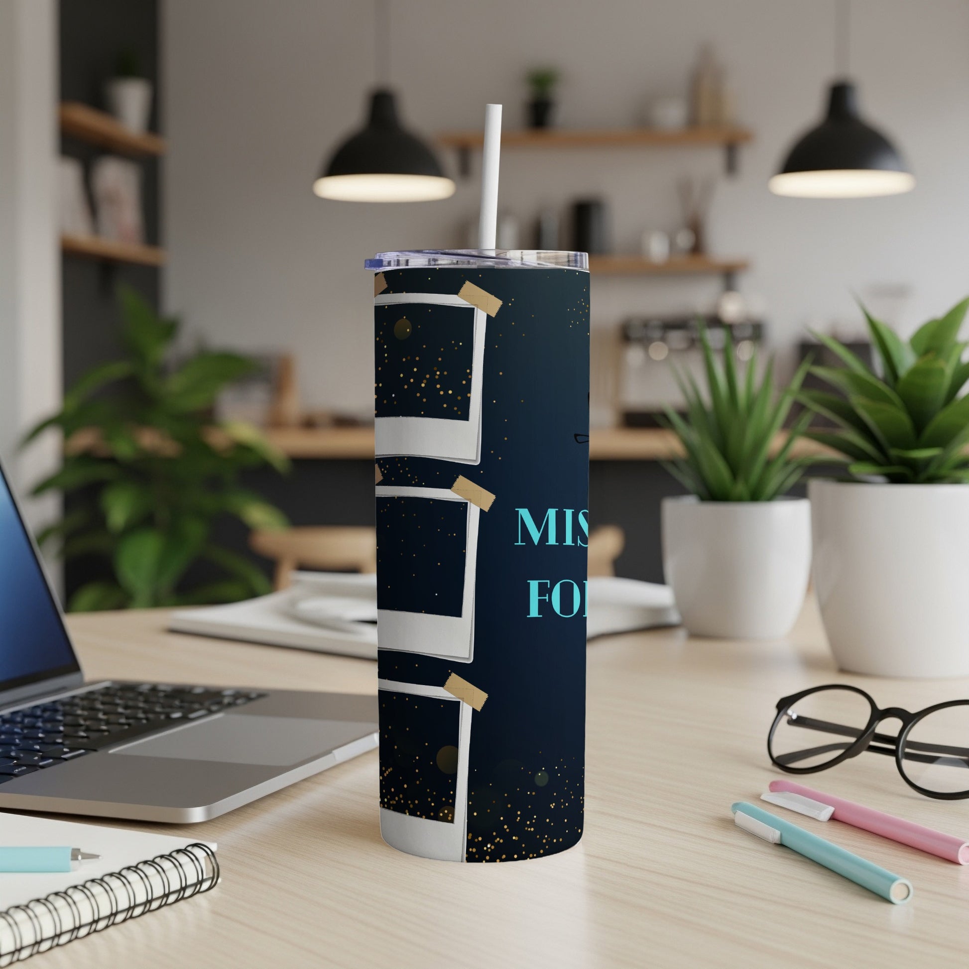 Dark blue tumbler with polaroid photos and gold glitter, reads "MISS YOU FOR".