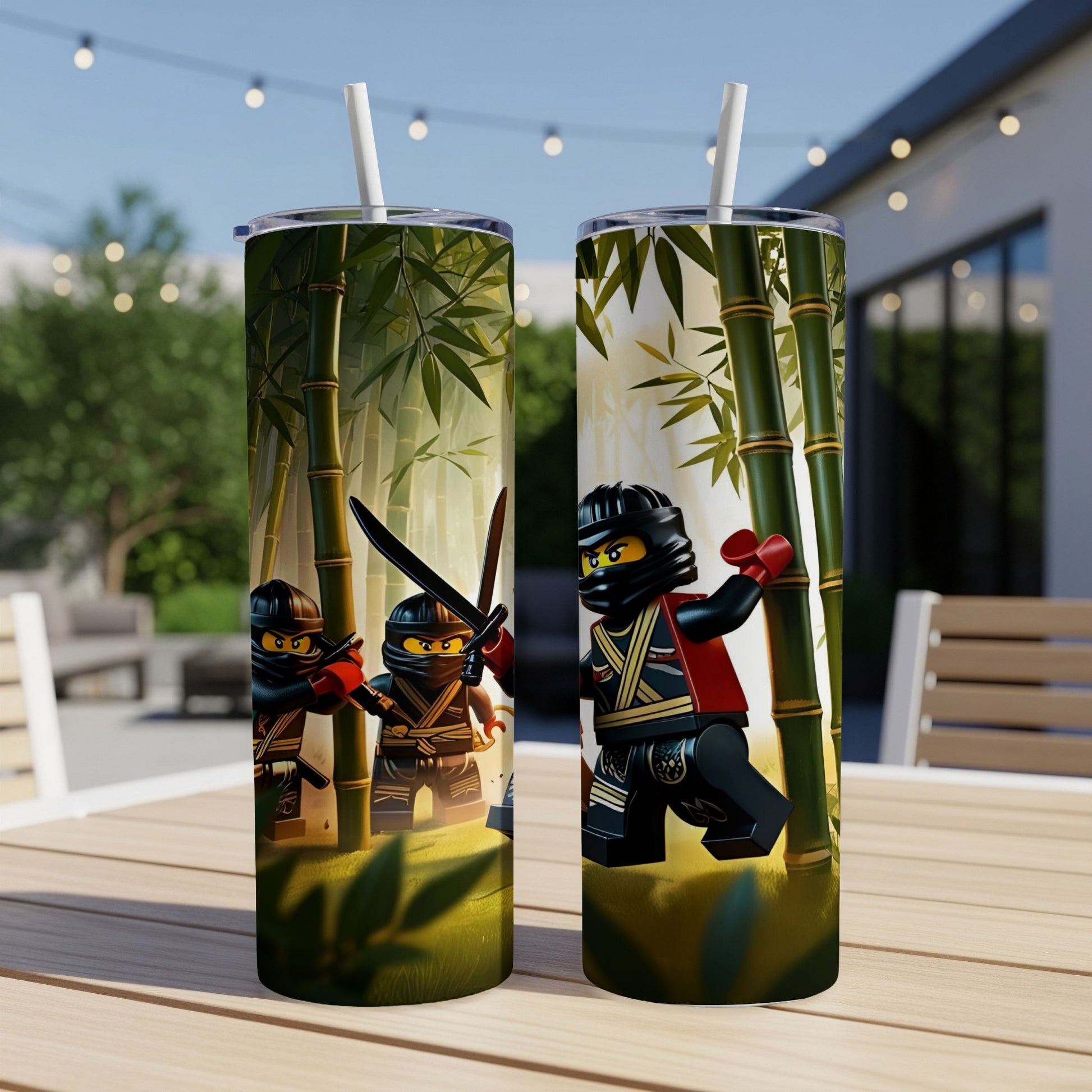 Two Ninjago tumblers with characters battling in a bamboo forest.