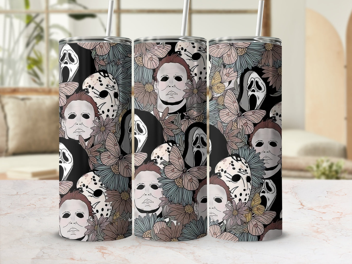 Collage of horror movie masks with floral accents.