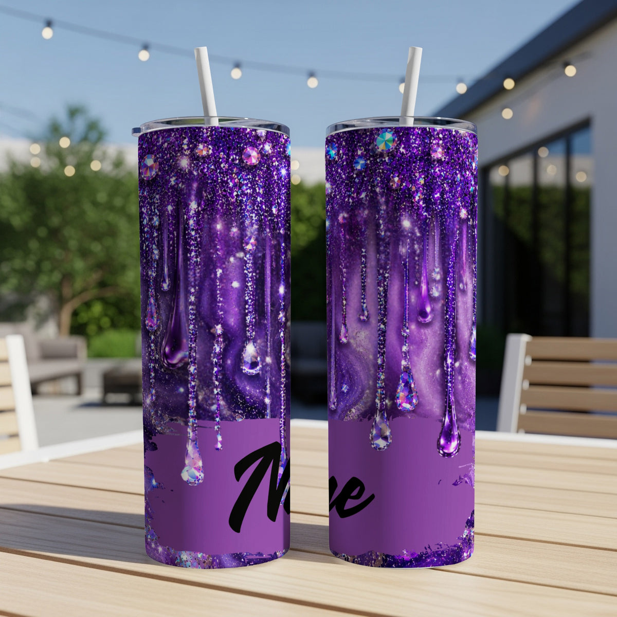 Purple glitter tumbler with dripping gems and "Mae" text.