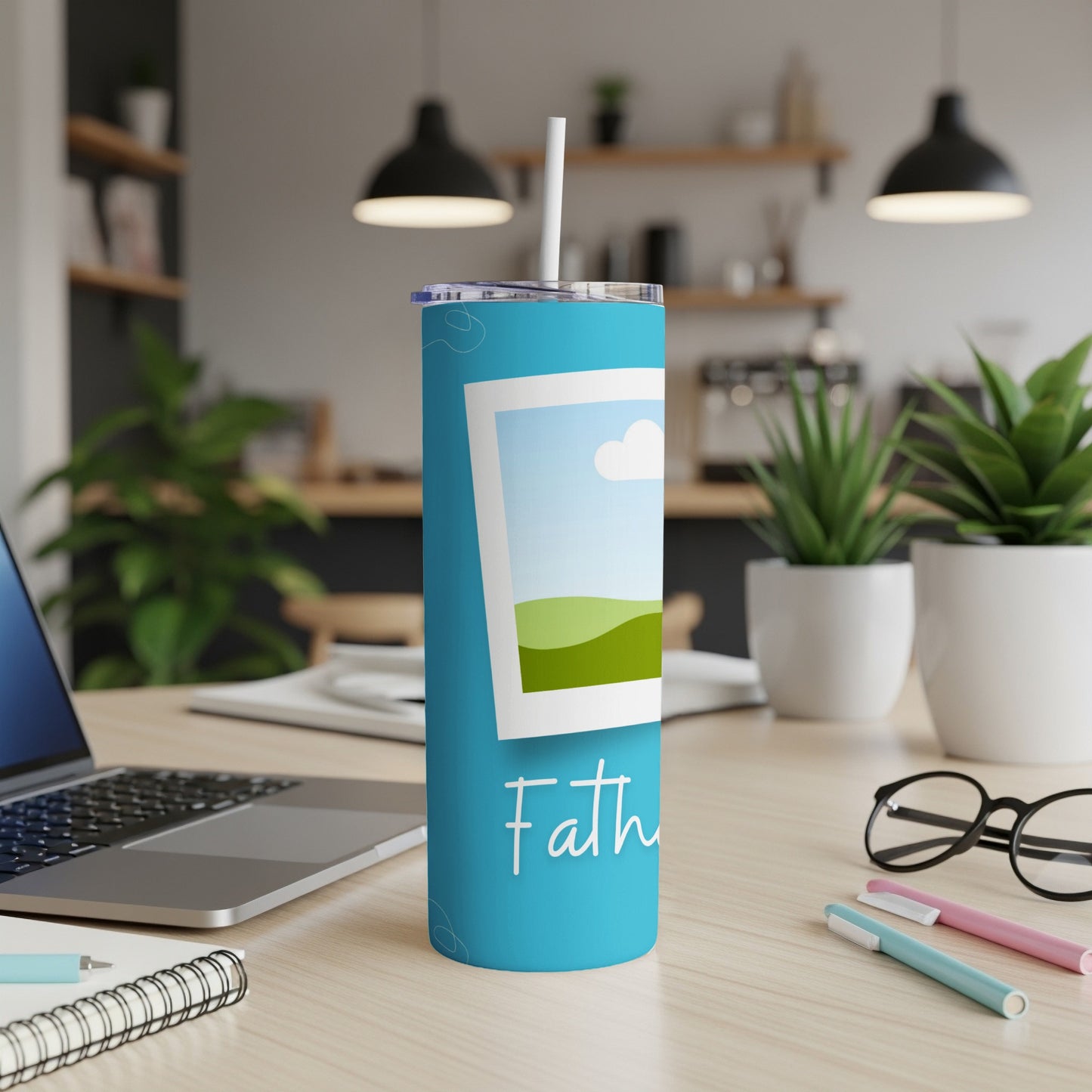 Blue tumbler with a photo frame and "Father" text, with straw.