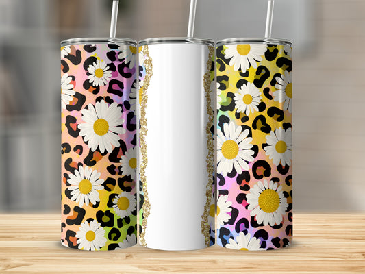 Three tumblers with daisy and leopard print designs, one with a blank white panel.