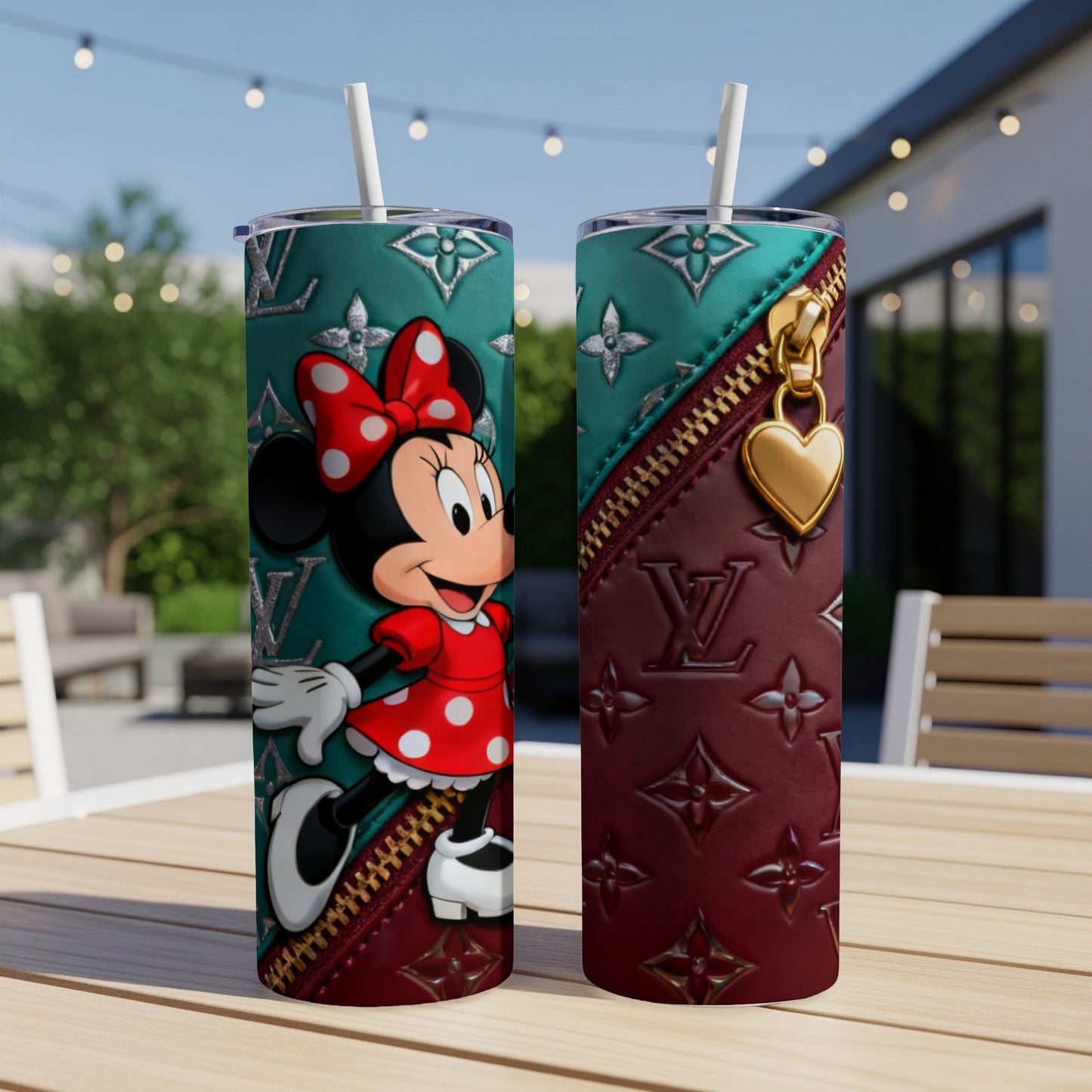 Minnie Mouse in red polka dot dress on a teal tumbler with zipper detail.