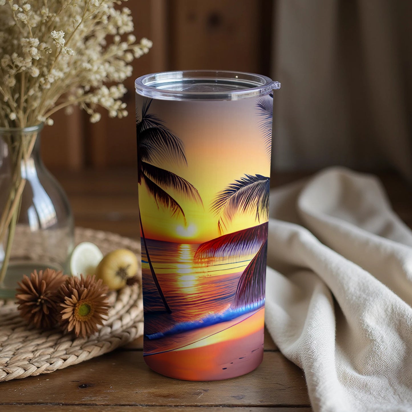 Tropical Sunset Beach Tumbler with Palm Trees Scene