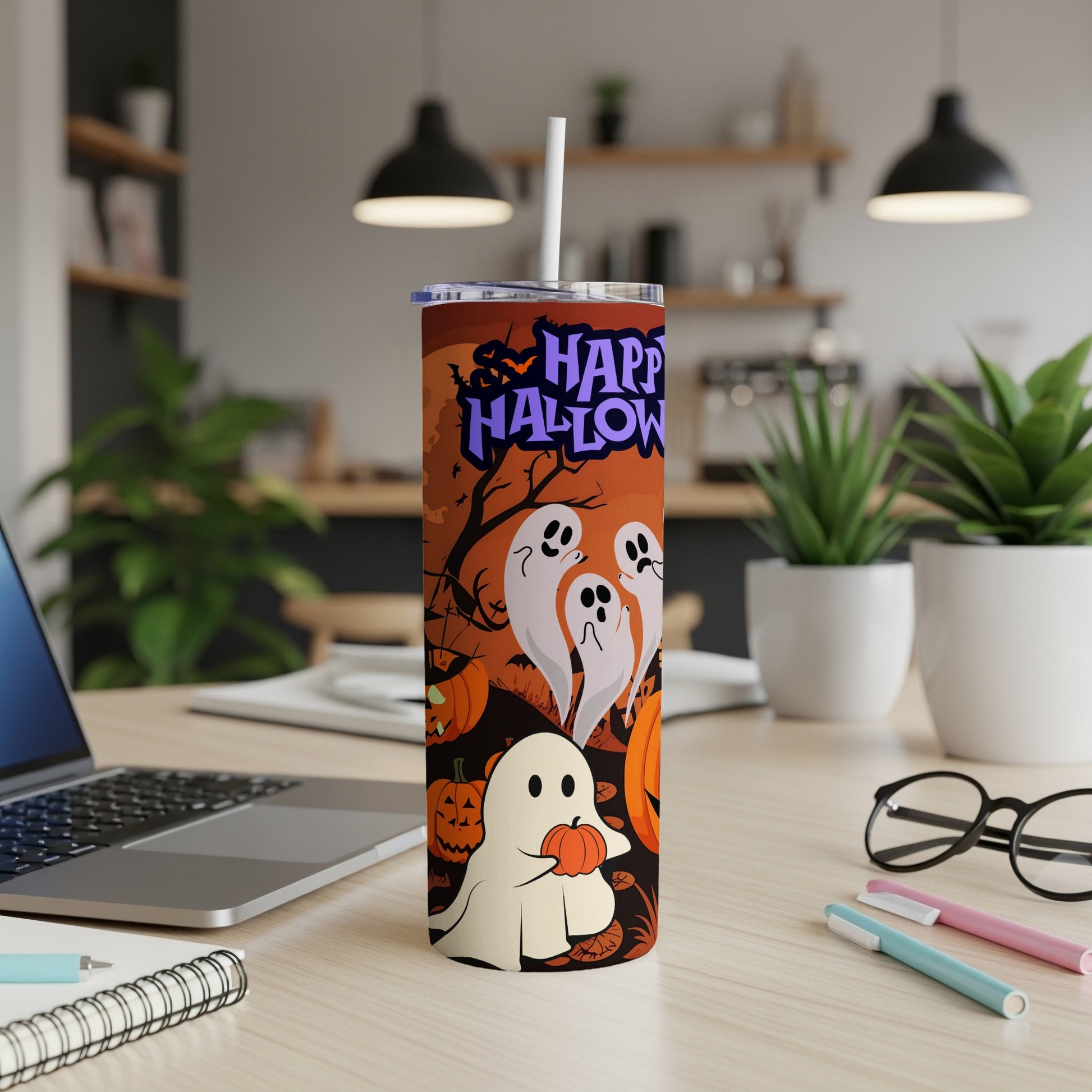 Orange Halloween tumbler with ghosts, pumpkins, bats, and "Happy Halloween" text.