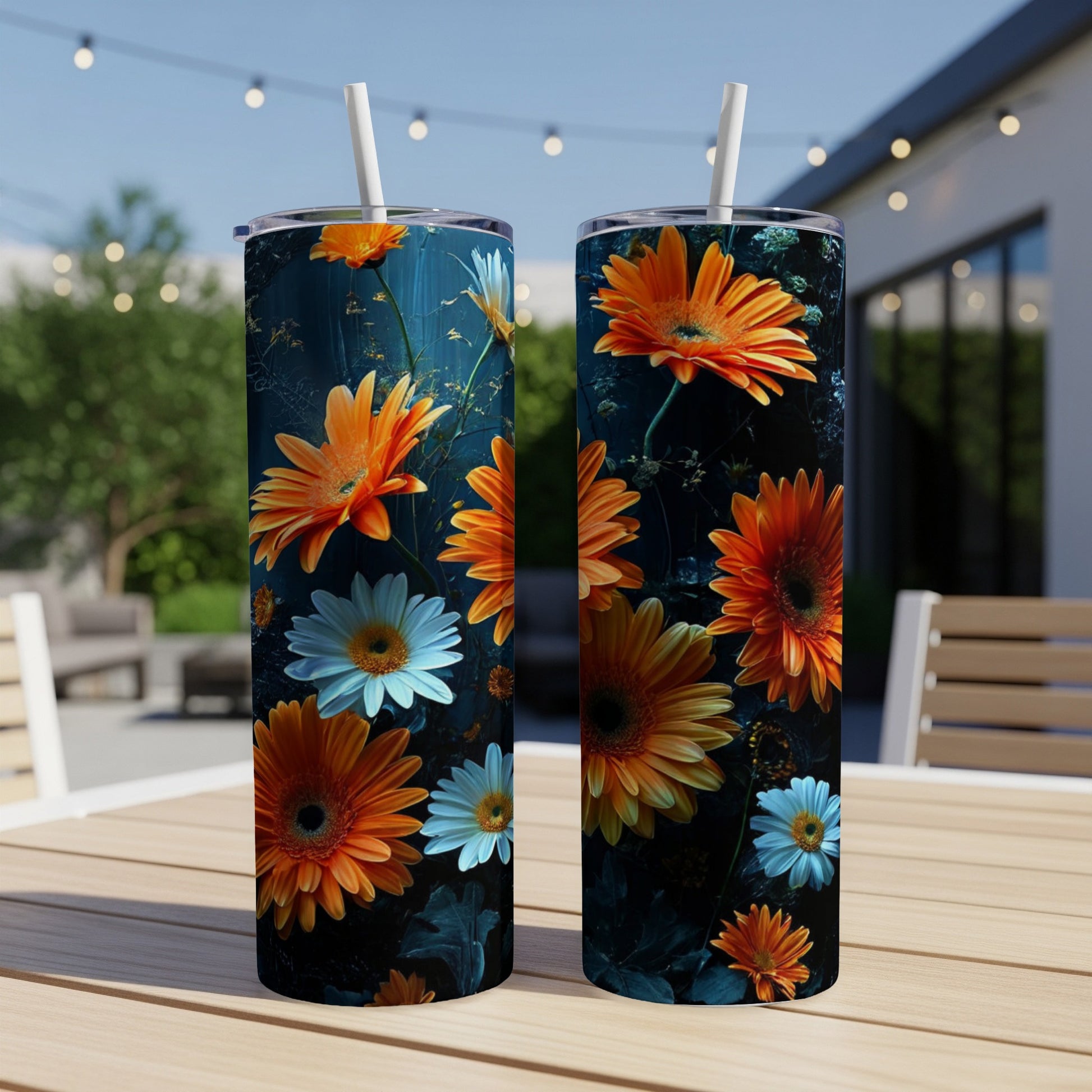 Two tumblers with vibrant orange and white daisy floral print.