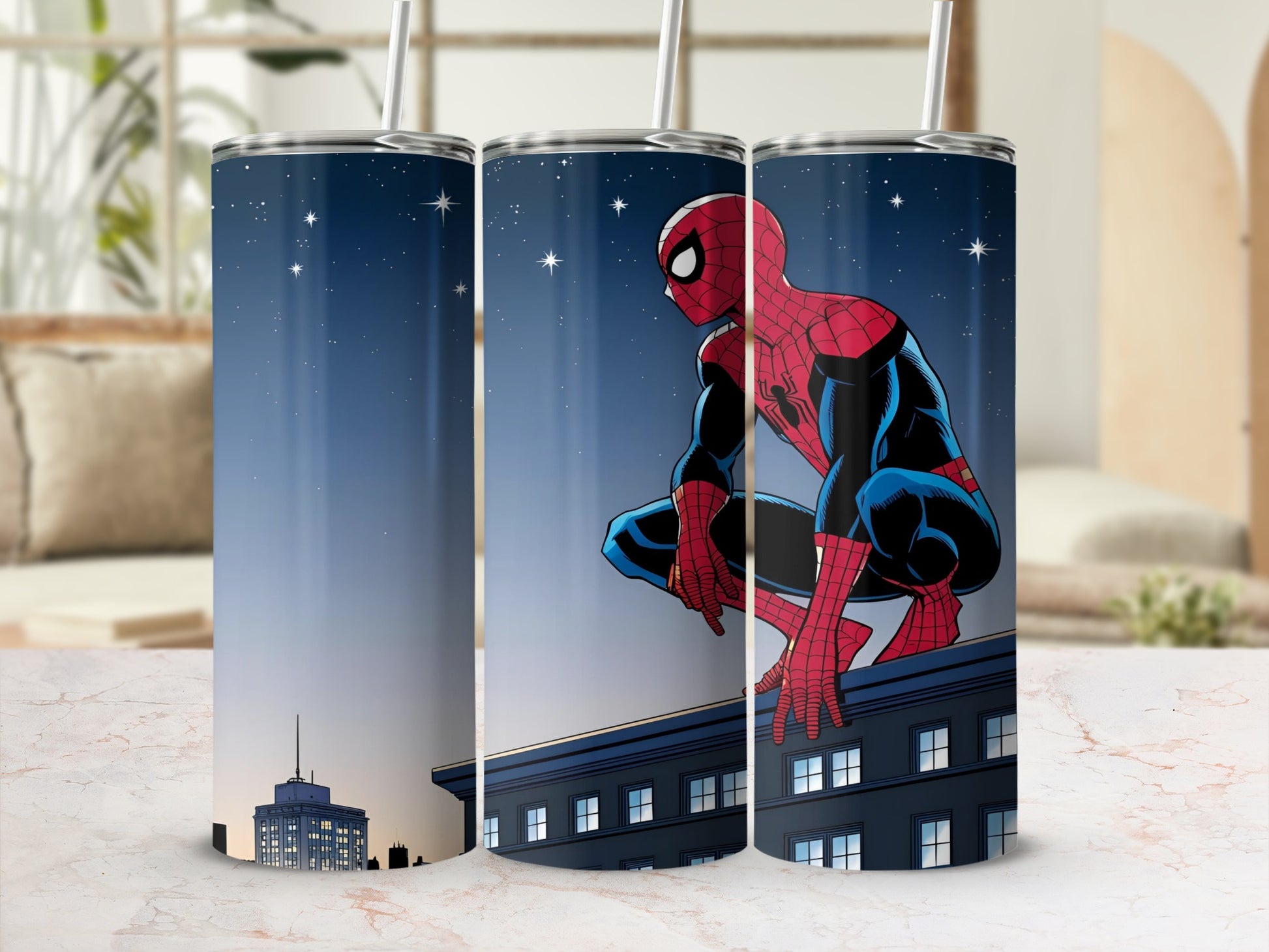 Spider-Man crouching on a building rooftop under a starry night sky.