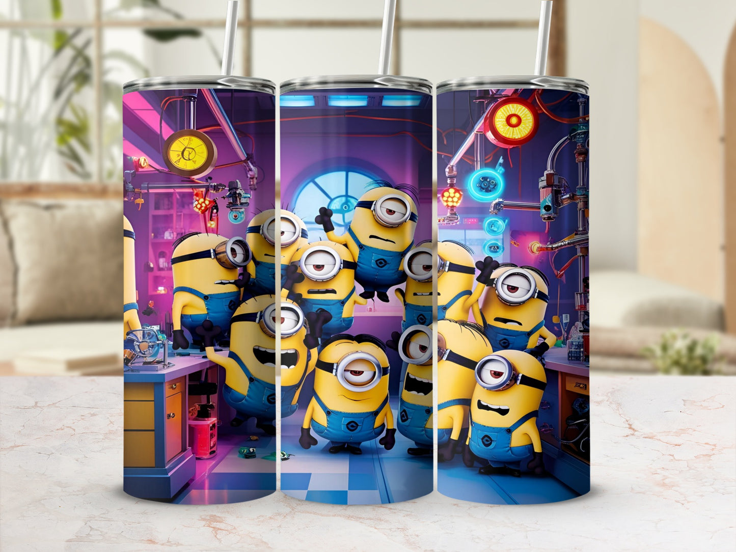 Minions gathered in a lab setting with gears and machinery.