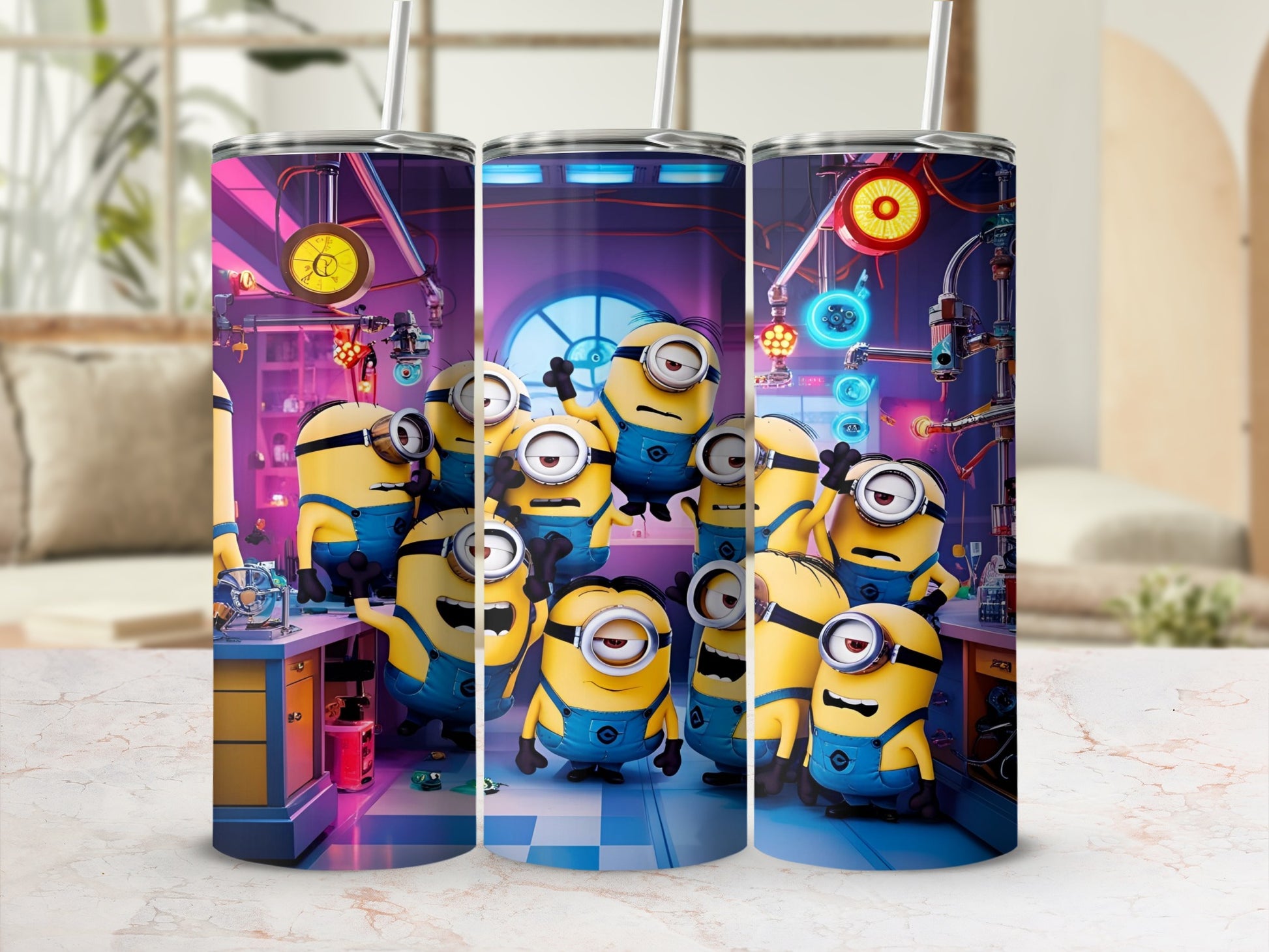 Minions gathered in a lab setting with gears and machinery.