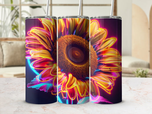 Three neon-lit sunflower tumblers on a marble surface.