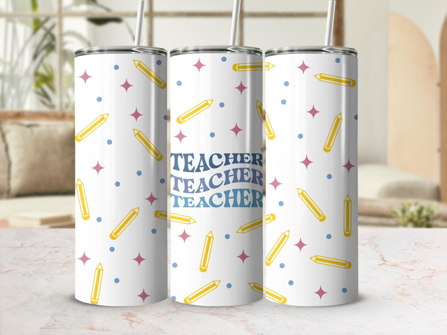 Three tumblers with pencils and stars pattern and "Teacher" text.