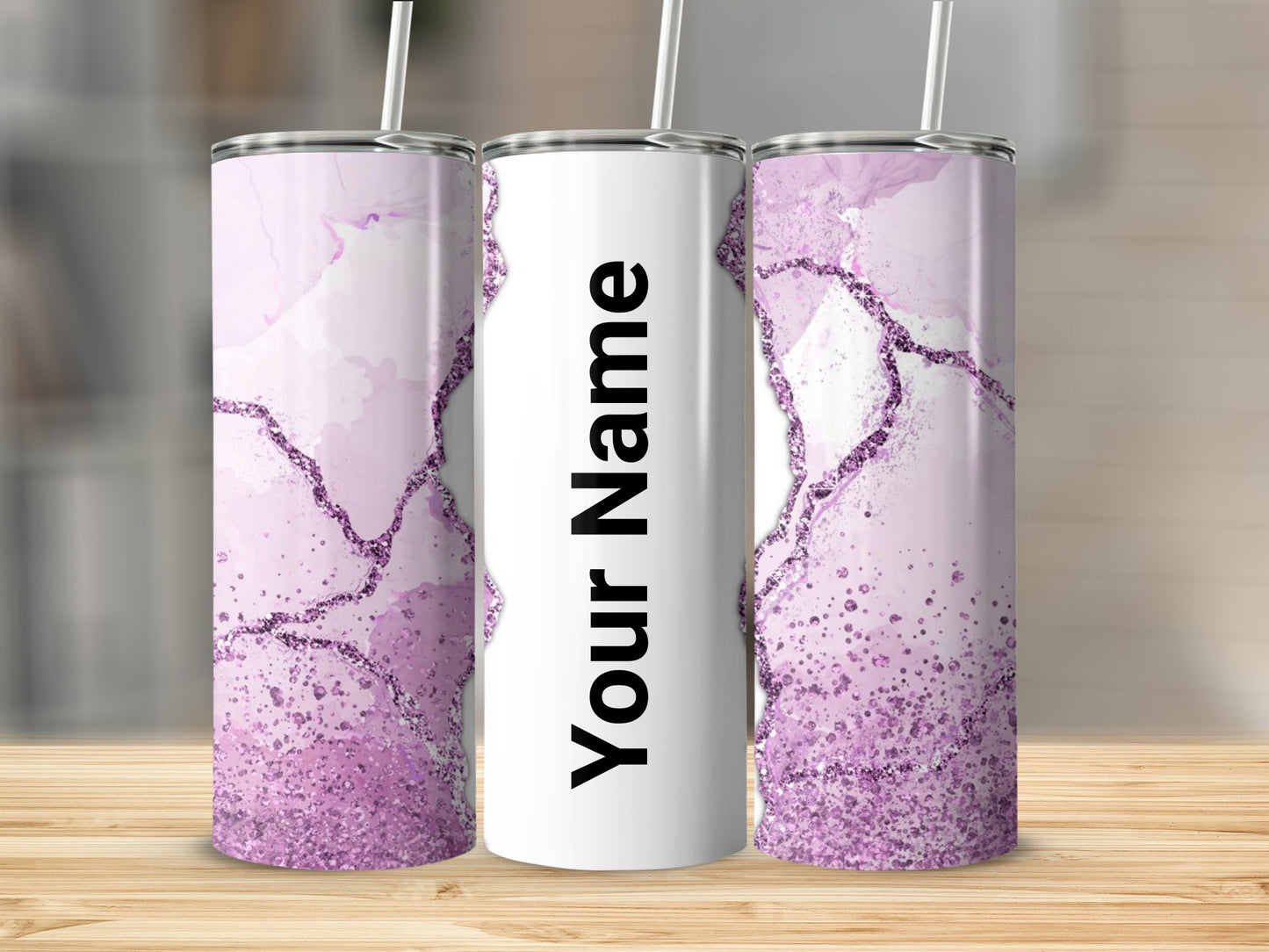Personalized Purple Marble Glitter Design Tumbler Cup
