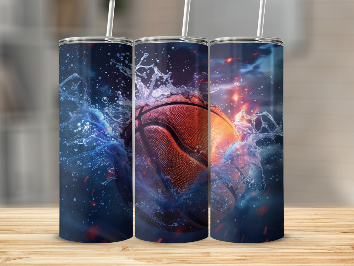 Basketball with water splash and fire on dark background, three tumblers.