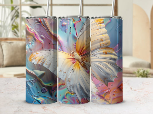 Three tumblers with a shimmering butterfly design and colorful abstract background.