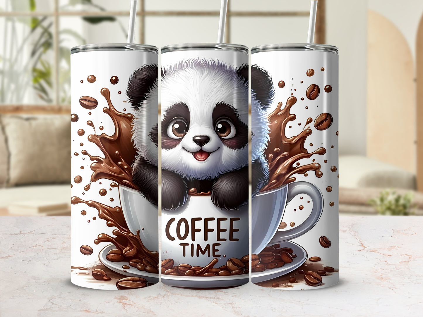 Adorable Panda Coffee Time Tumbler with Straw Flask