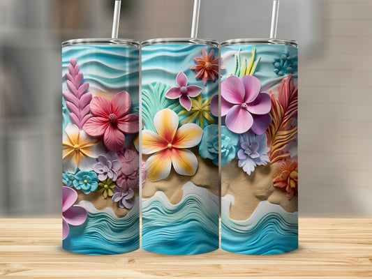 Three tropical floral tumblers with waves and sand design.