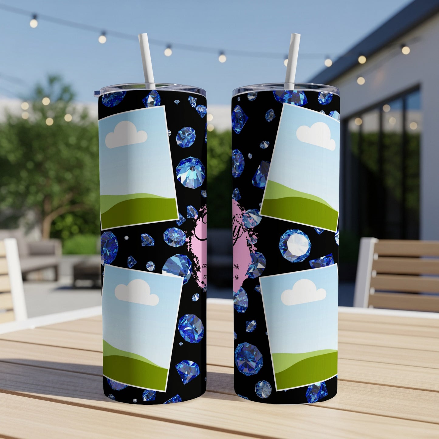 Two tumblers with black background, blue diamonds, and photo frames with clouds and hills.