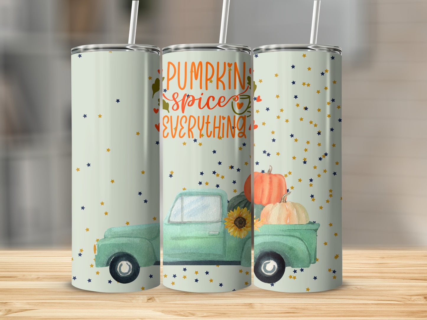 Green vintage truck with pumpkins and sunflower, "Pumpkin Spice Everything" text.