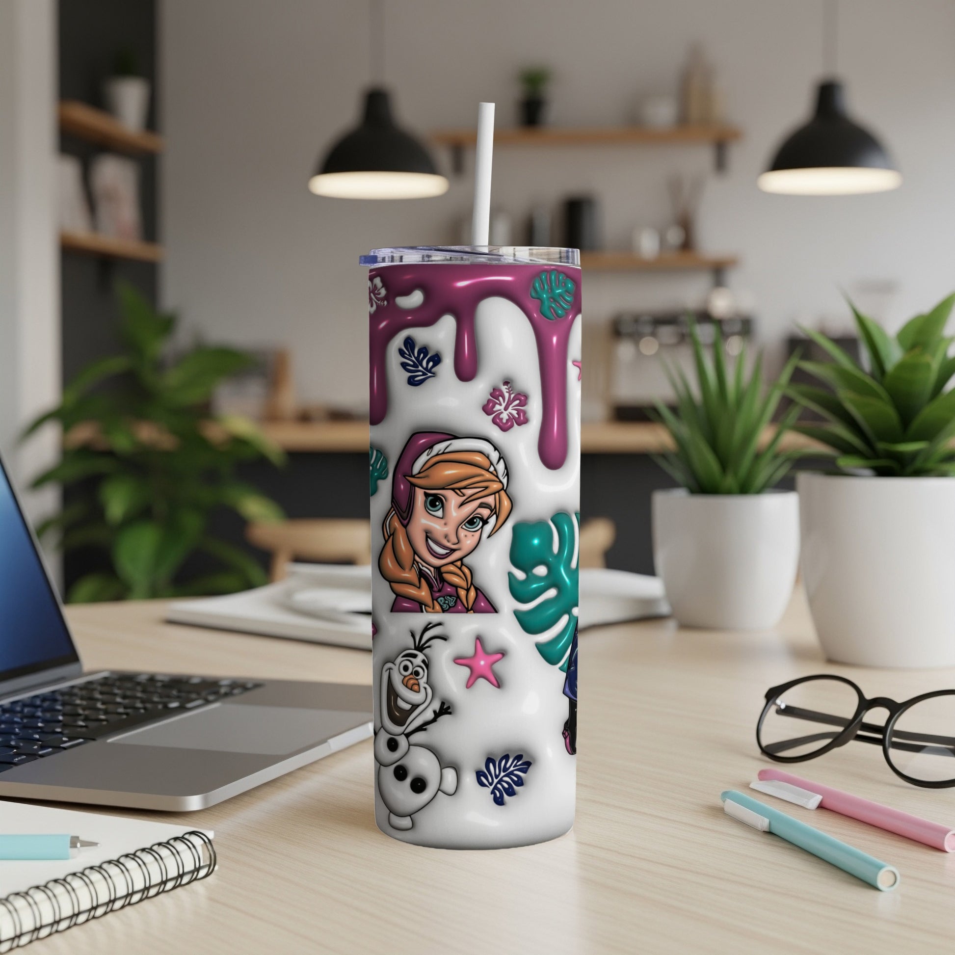 Anna and Olaf illustration on a white tumbler with purple drips and green leaves.