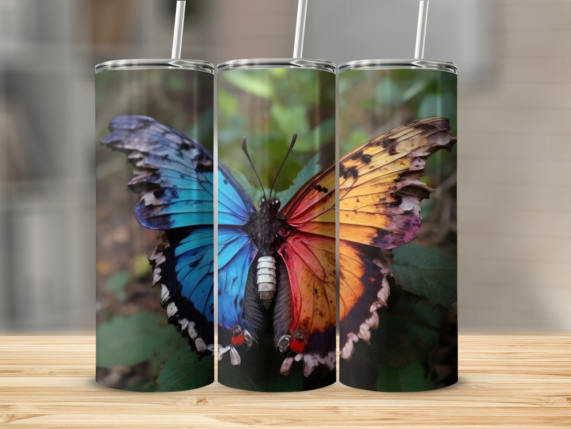 Tumbler featuring a split butterfly design, half blue, half orange.
