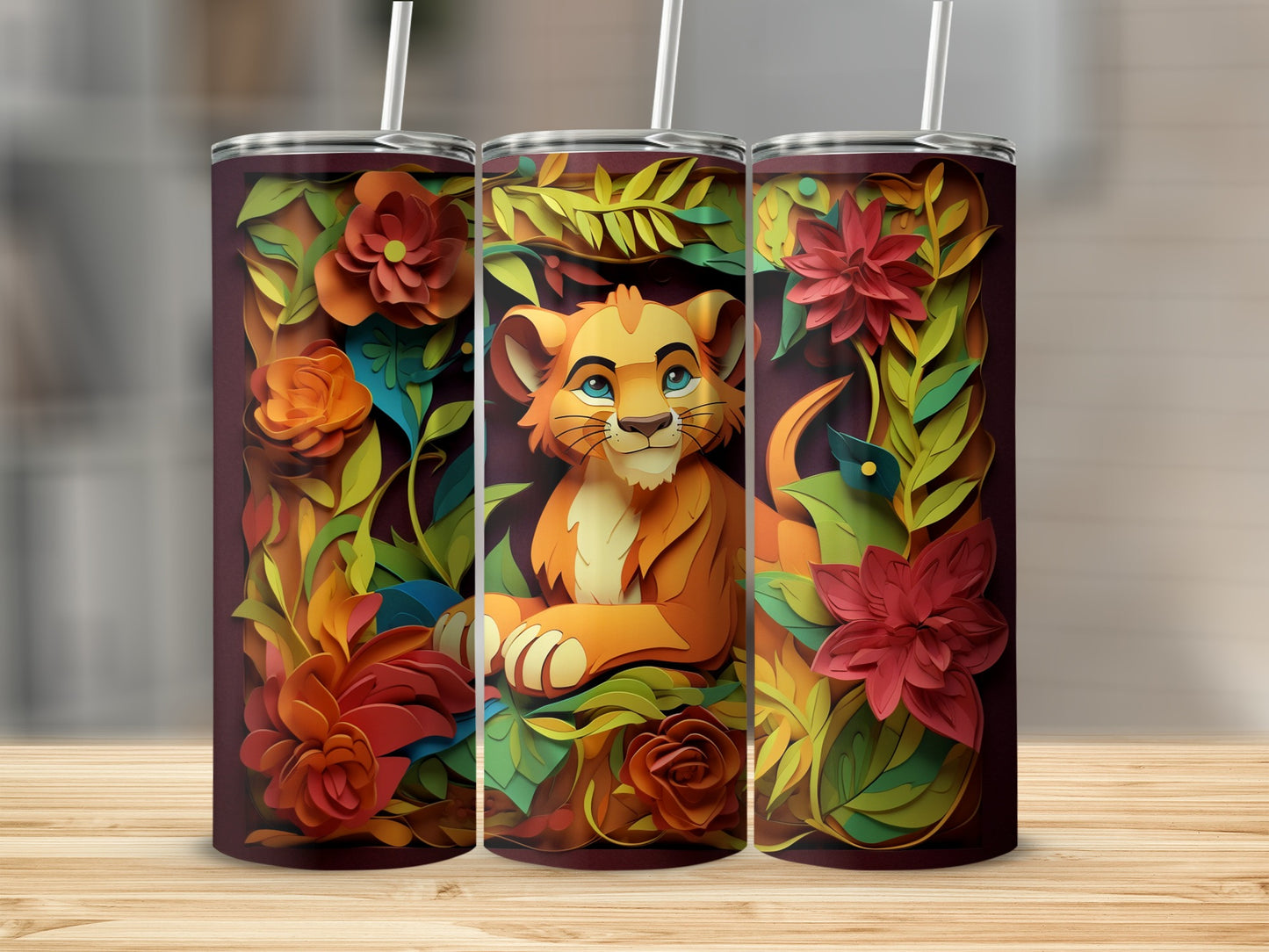 Colorful Lion and Botanical Design Tumbler