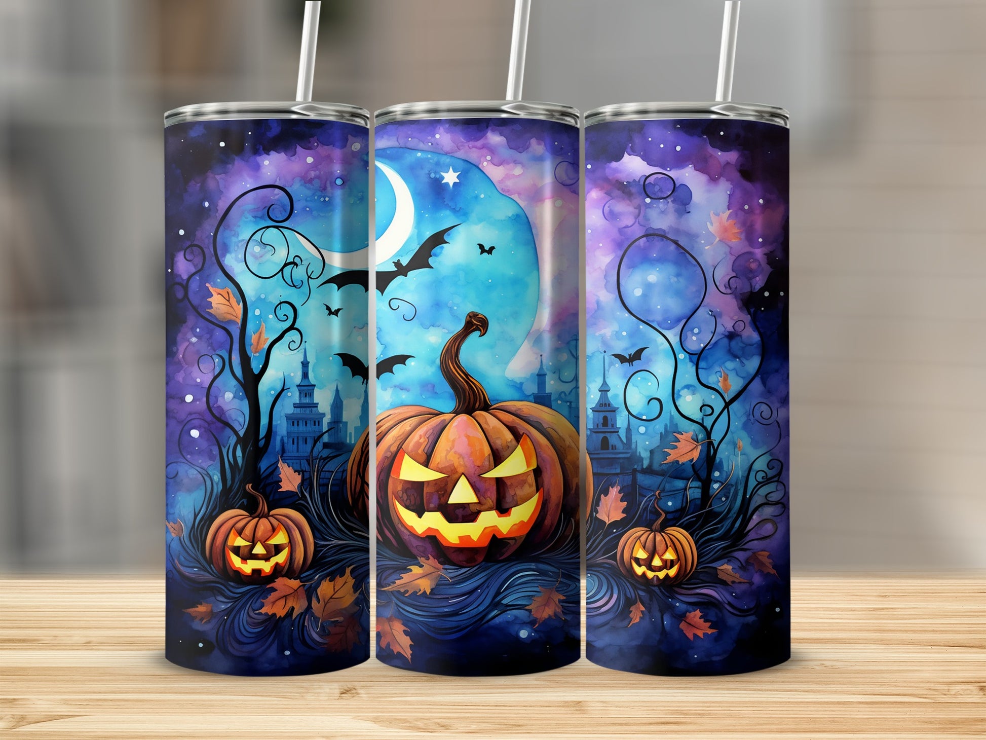 Spooky Halloween Scene with Bats and Pumpkins tumbler