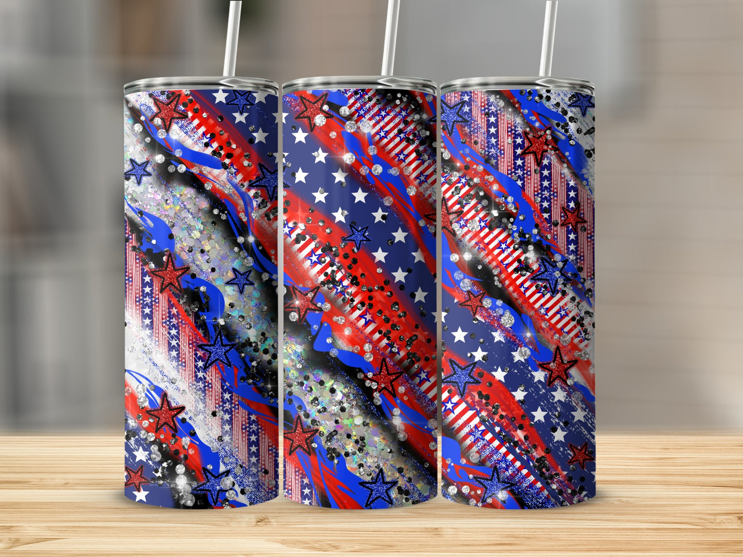 Triptych of patriotic tumblers with stars, stripes, and glitter.