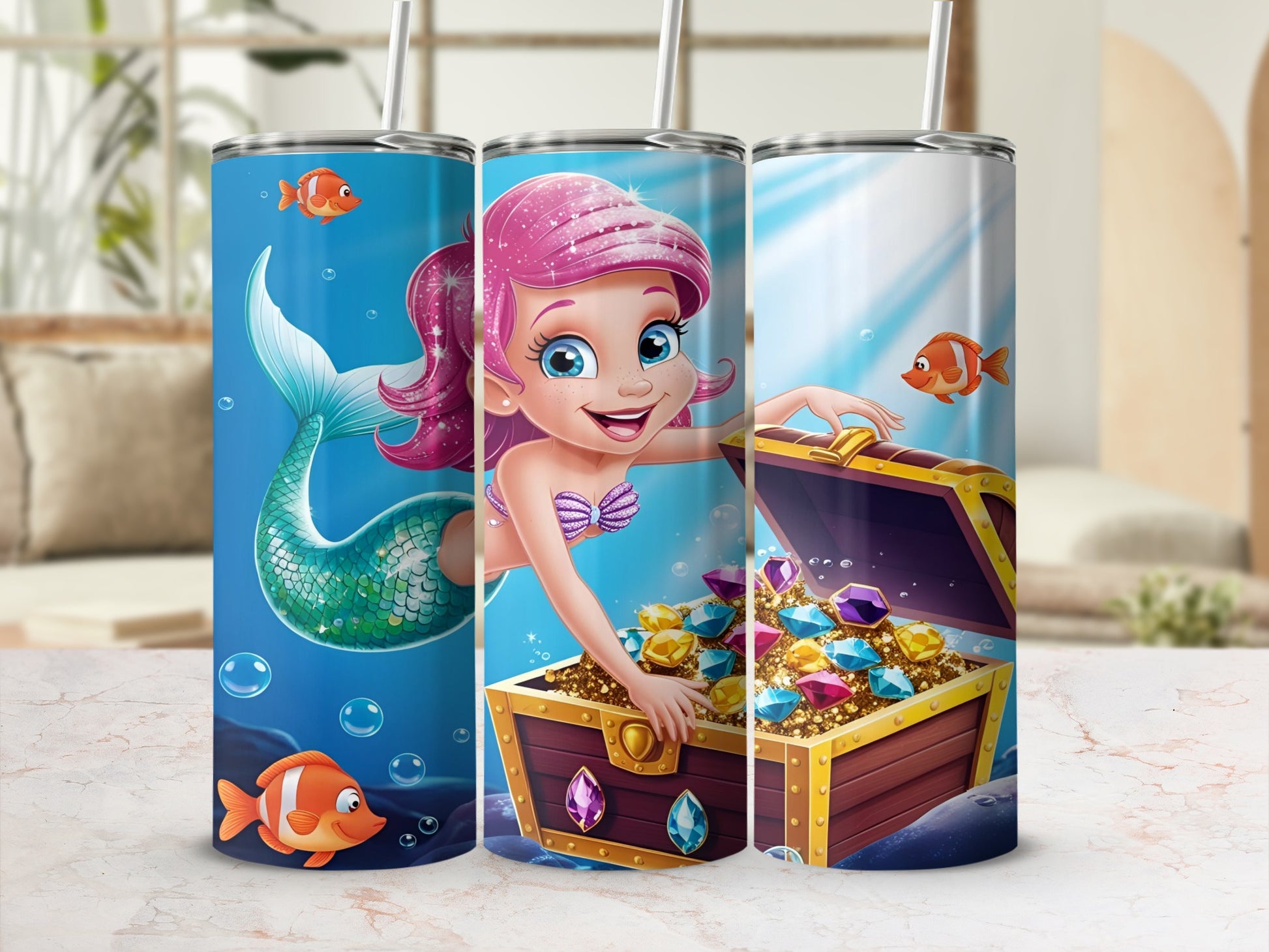Mermaid with treasure chest and fish.