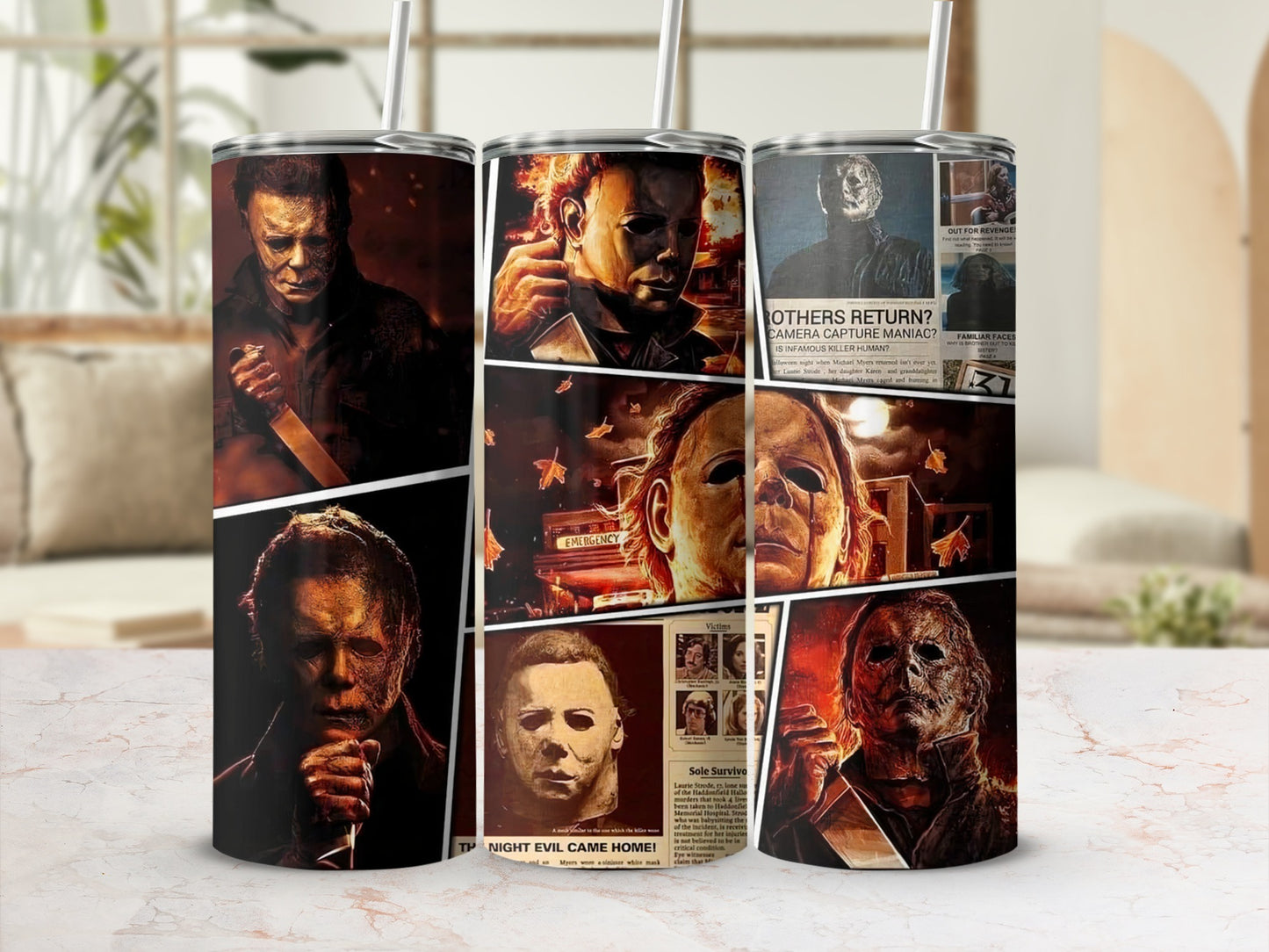 Tumbler featuring collage of Michael Myers images and newspaper clippings.