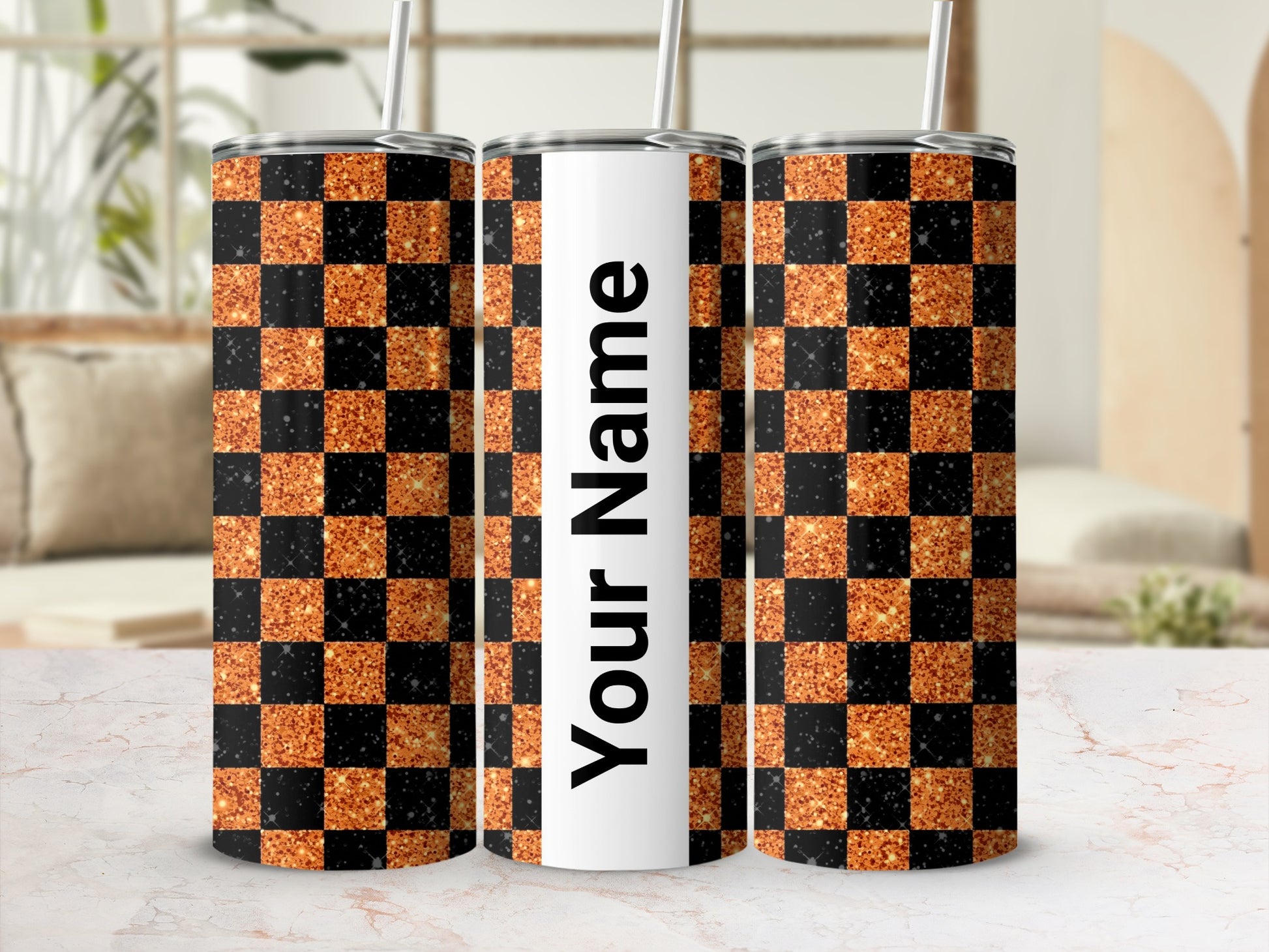 Custom Name Orange Black Checkerboard Tumbler