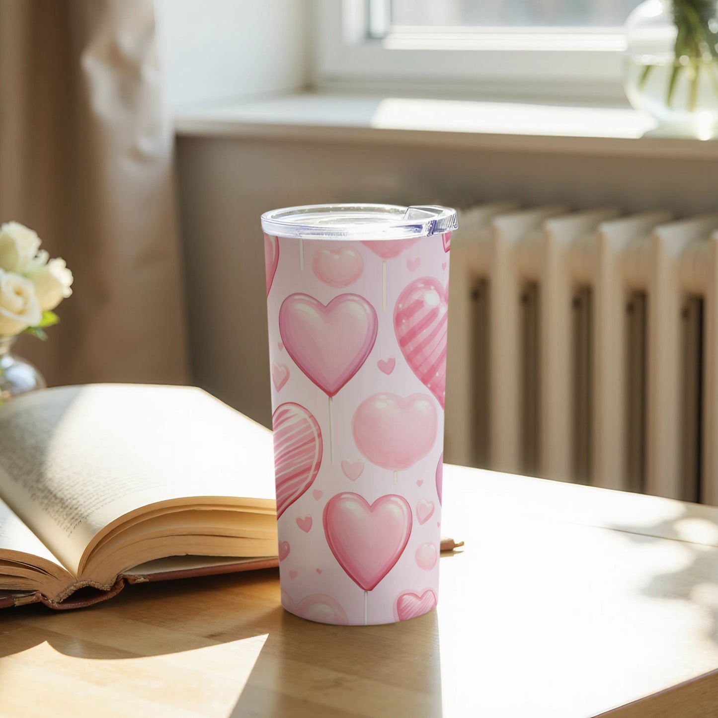 Pink heart patterned tall insulated tumbler product