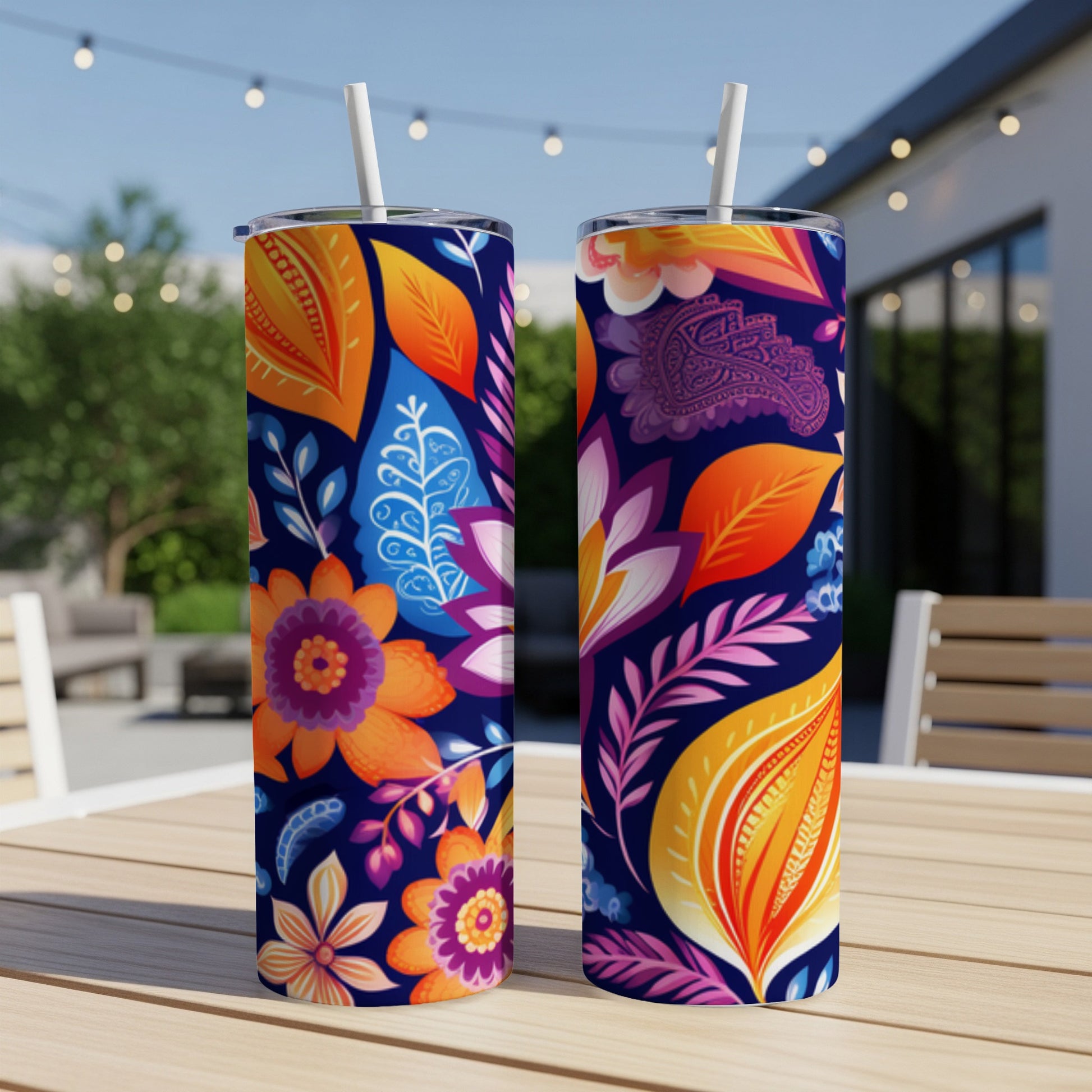 Two tumblers with a colorful floral pattern sit on a wooden table.