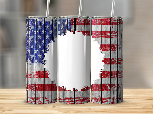 Three tumblers with distressed American flag design and a central blank space.