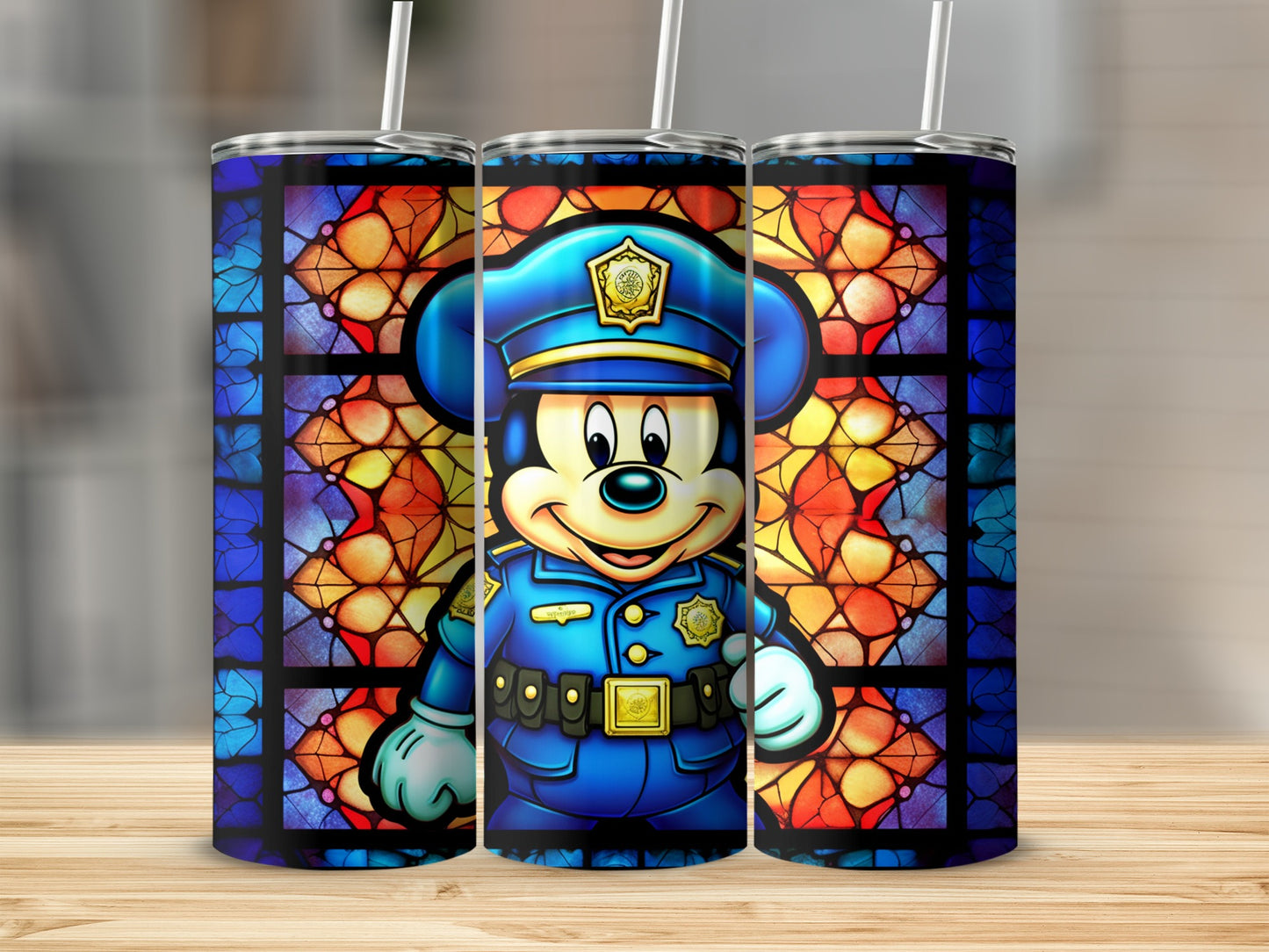 Cute Officer Character Tumbler with Colorful Stained Glass