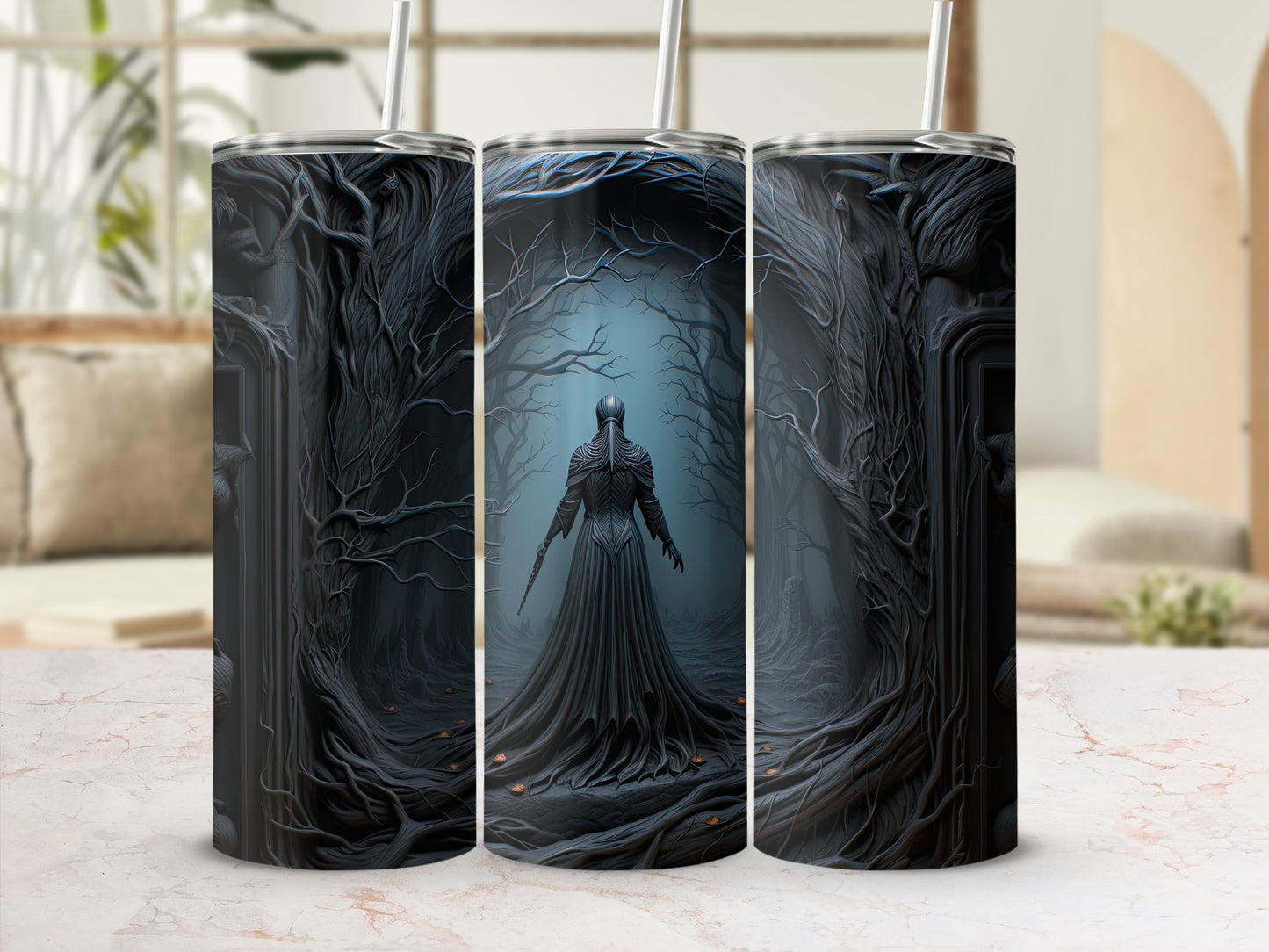 Three tumblers featuring a dark forest scene with a figure in a long gown.
