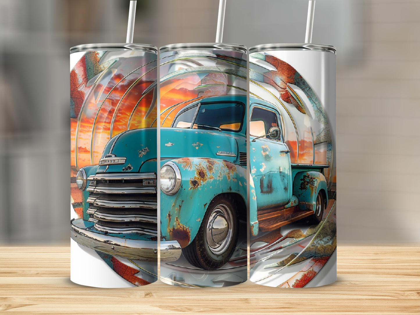 Rusted turquoise vintage pickup truck with sunset background on a tumbler.