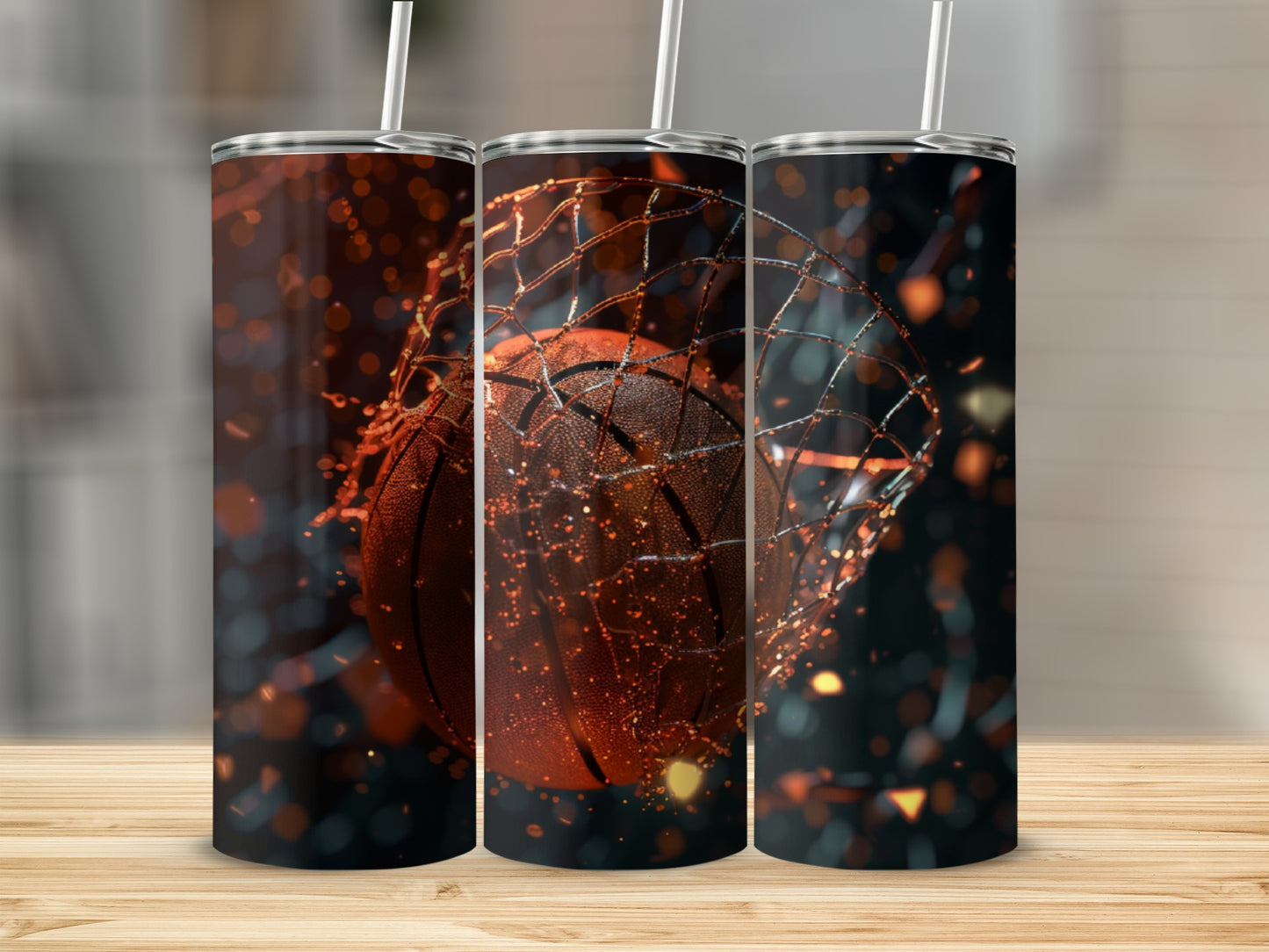 Basketball going through net, multiple tumblers with this design.