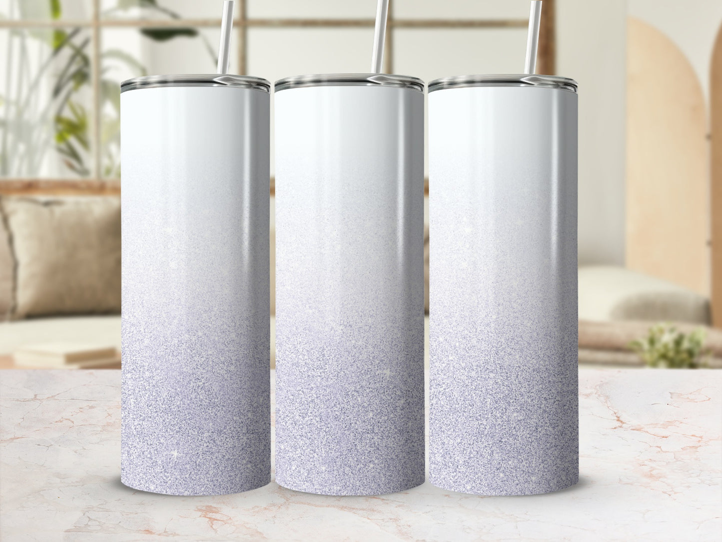 Three white tumblers with a sparkling gradient pattern.