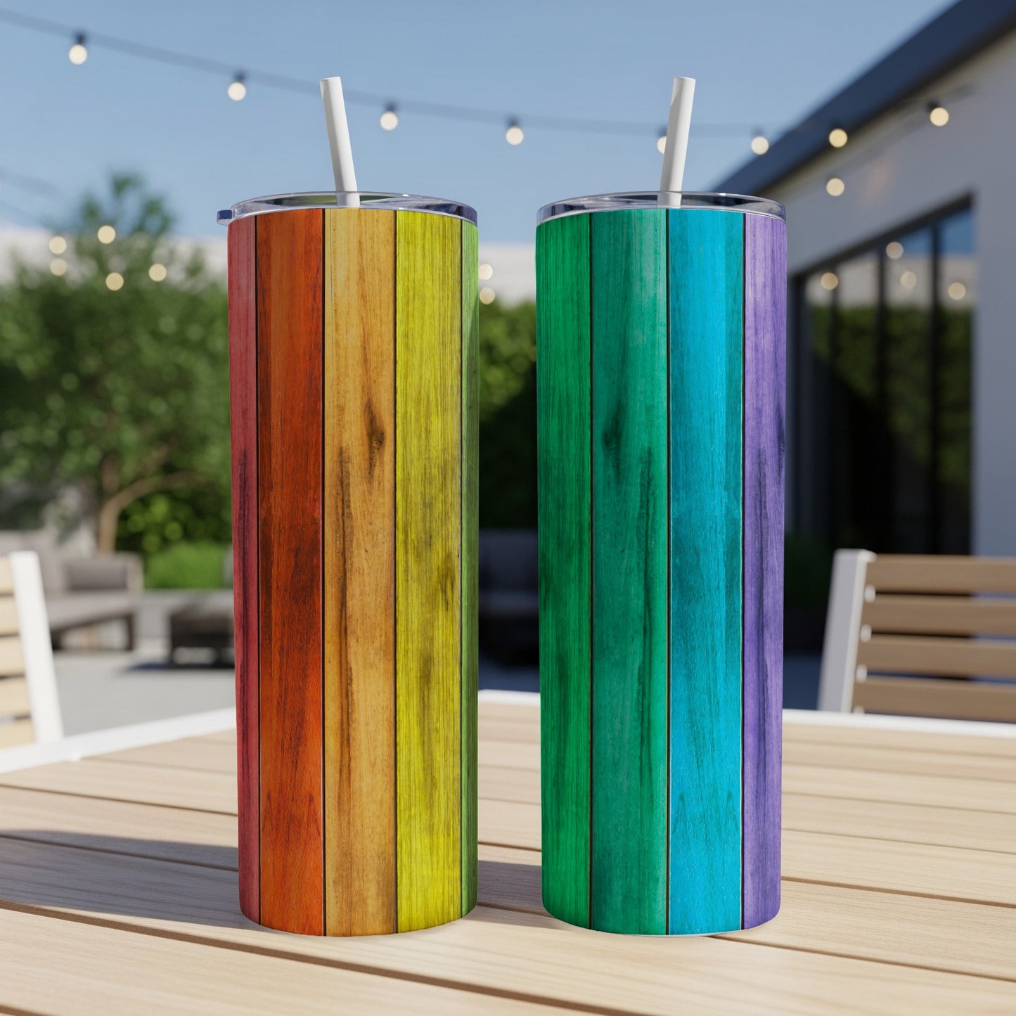 Two tall tumblers with rainbow wood grain patterns sit on a wooden table.