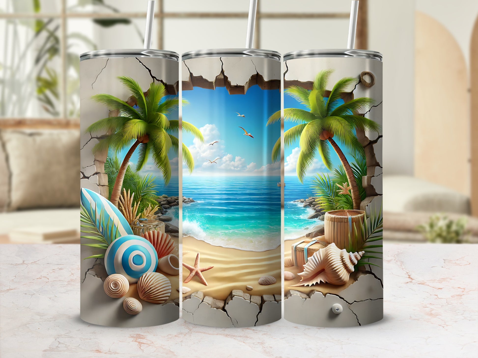 Tropical beach scene with seashells, palm trees, and surfboard on a tumbler.