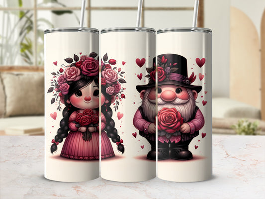 Valentine's Day themed tumblers featuring a girl with flowers and a gnome holding a rose.