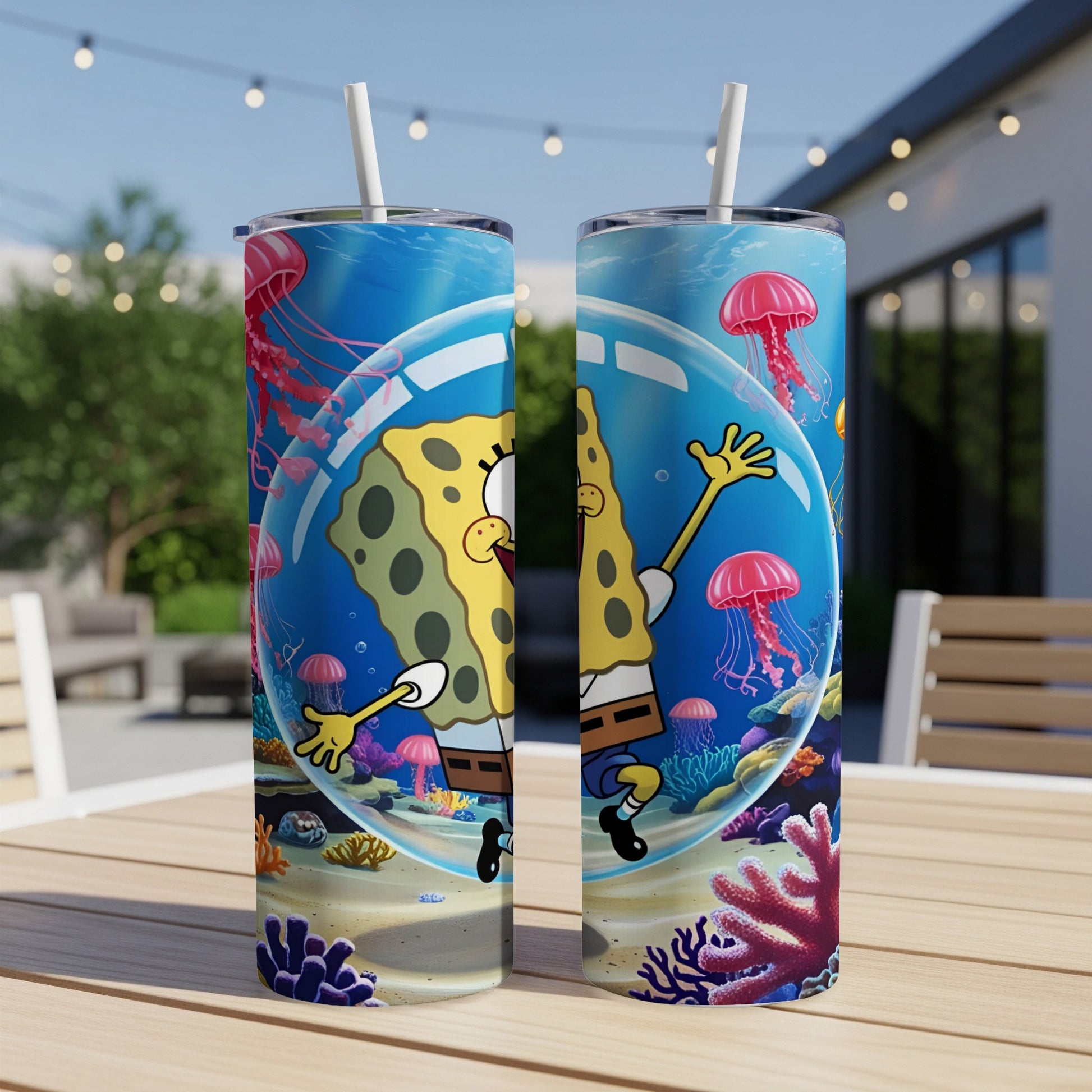 SpongeBob SquarePants floating in a bubble underwater with jellyfish and coral.