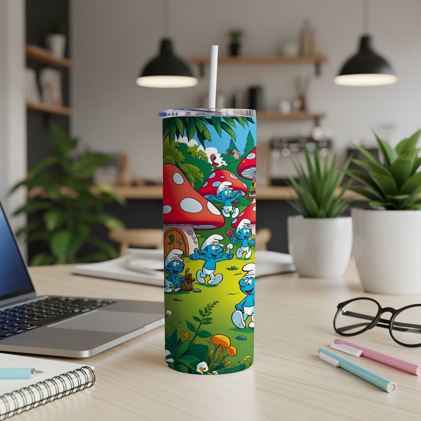 Smurfs cartoon characters in a forest scene on a white insulated tumbler.