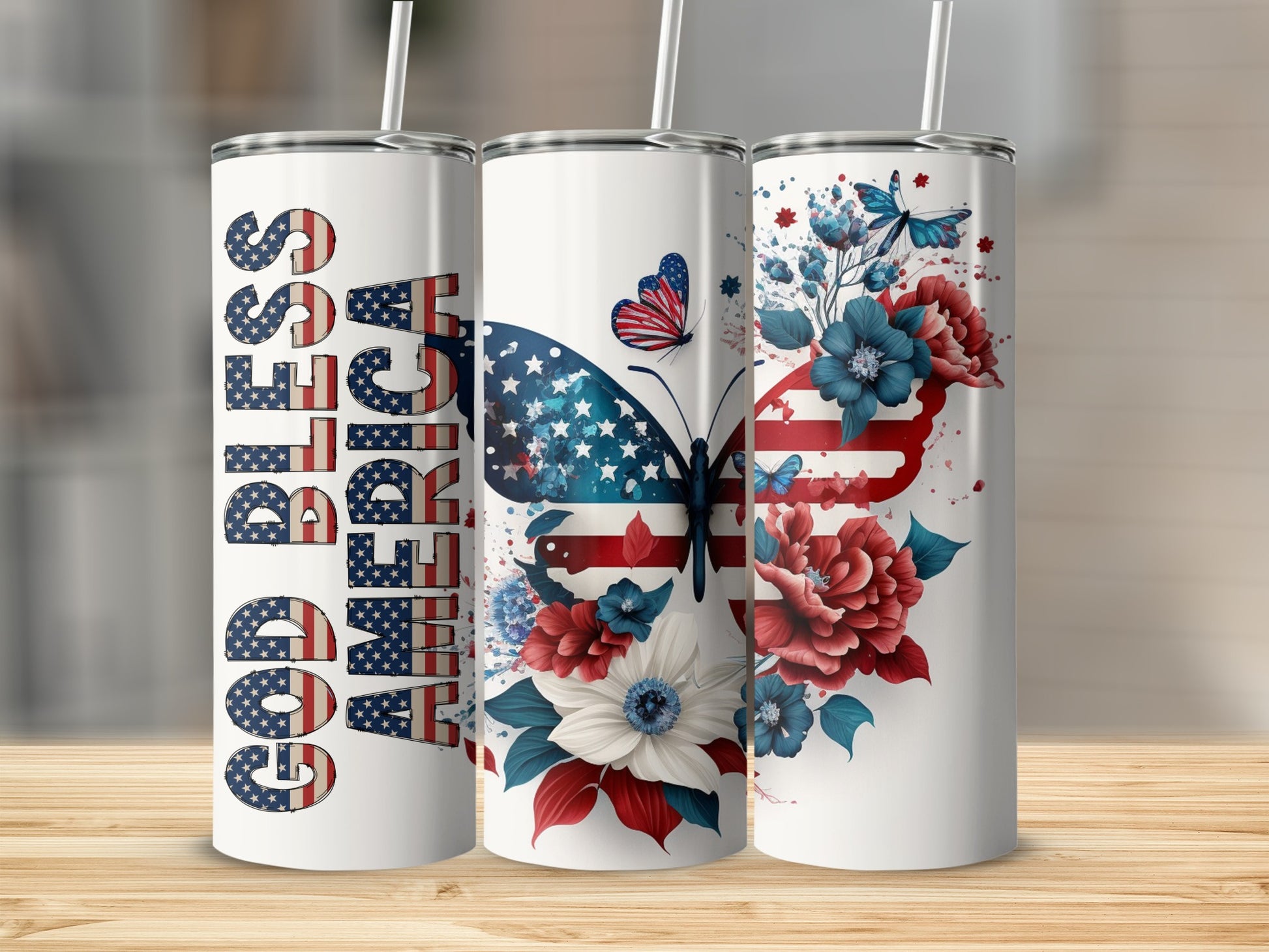 Triptych of patriotic tumblers with "God Bless America" text and butterfly designs.