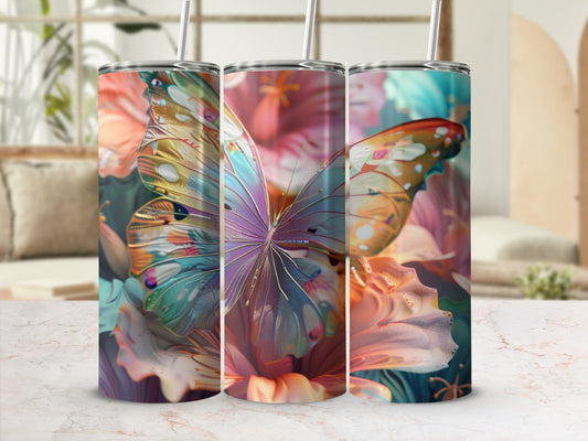 Three tumblers with colorful butterfly and floral designs in a soft, blurred background.