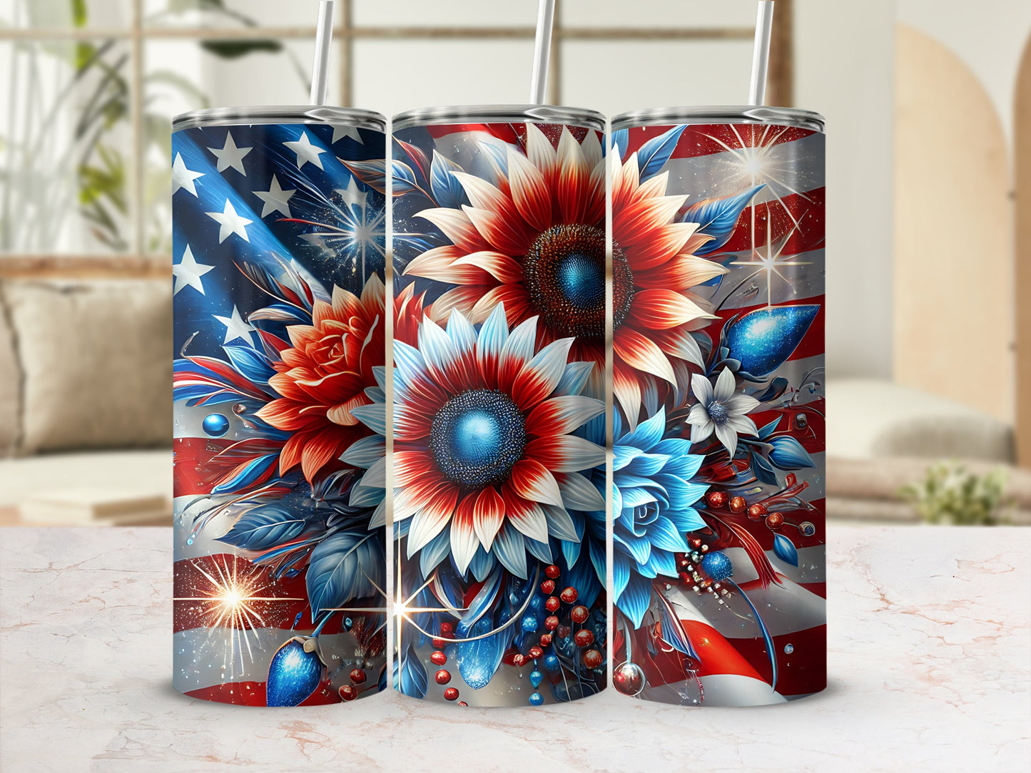 Three tumblers with a patriotic floral design and American flag elements.