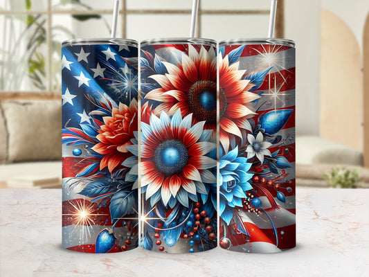 Three tumblers with a patriotic floral design and American flag elements.