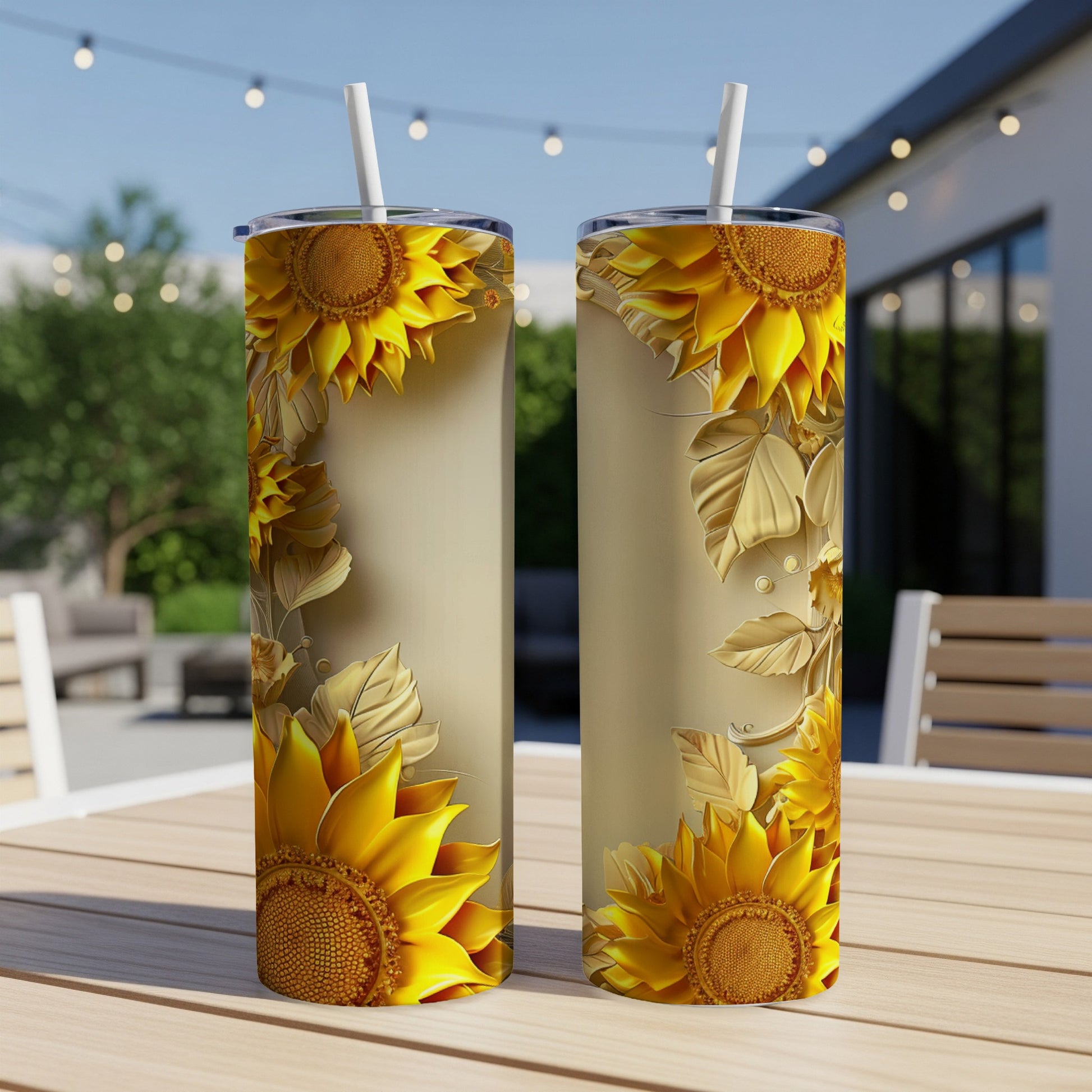 Two tall tumblers with sunflowers and gold leaf design on a table.