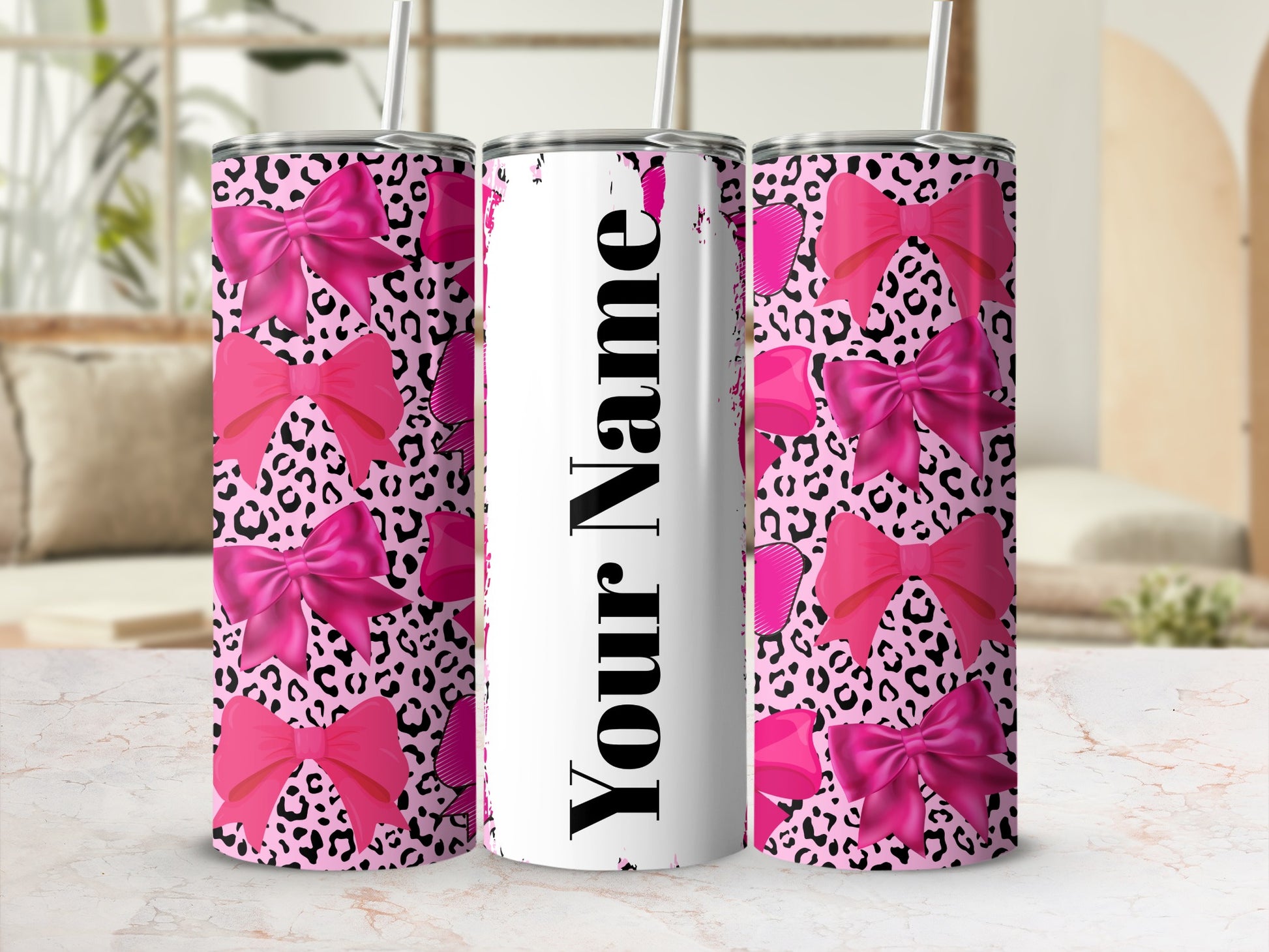 Personalized Pink Bow and Leopard Print Tumbler with Straw
